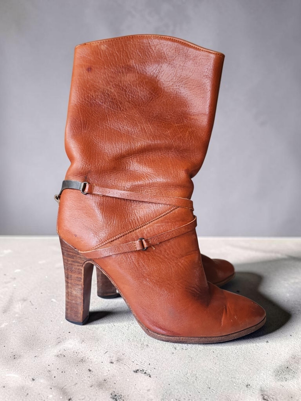 Vintage Cognac Leather High-Heel Mid-Calf Boots with Wrap Strap